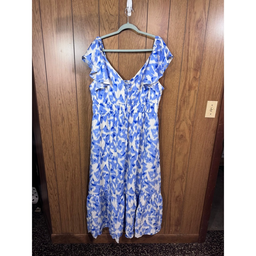 Nine West Blue White Abstract Print Ruffle Maxi Dress XXL V-Neck Tiered Summer